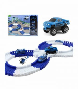 Vokodo Police Station Track Set 107 Piece With Light Up Race Truck 4 Cars And Helicopter Flexible Rails Twisting Durable Kids Building Racetrack Playset Great Gift For Preschool Children Boys Girls