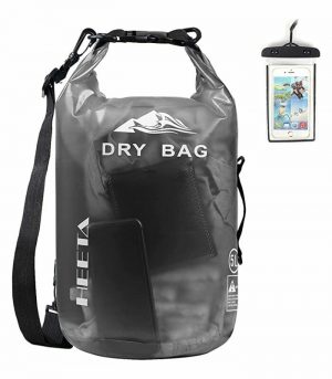HEETA Waterproof Dry Bag for Women Men, Roll Top Lightweight Dry Storage Bag Backpack with Phone Case for Travel, Swimming, Boating, Kayaking, Camping and Beach, Transparent Black 5L