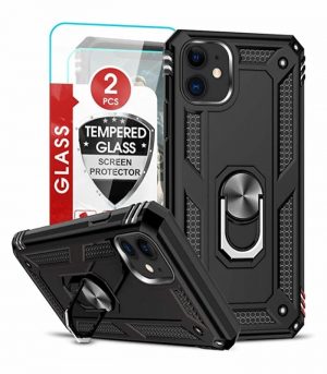 LeYi Black Phone Cases for iPhone 11, Compatible with iPhone 11 Phone Case with Screen Protector [2 Pack] for Men, Military-Grade Armor Magnetic Ring Kickstand for iPhone 11 6.1 inch, Graphite