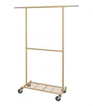 Simple Trending Standard Clothing Garment Rack, Rolling Clothes Organizer with Wheels and Bottom Shelves, Extendable, Gold